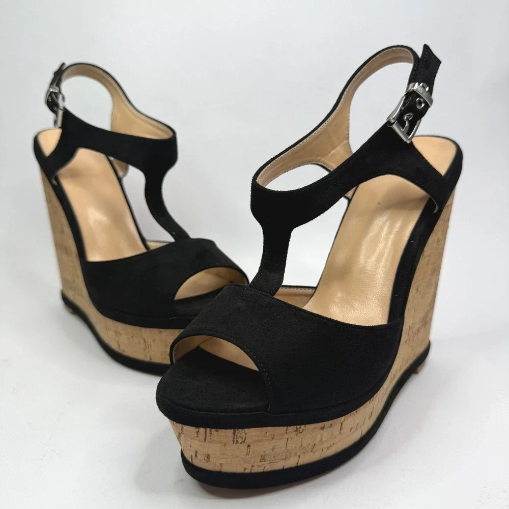 IDIFU IN5 Polly Wedges Womens 9 Black Nubuck Cork Platform T-Strap Sandals